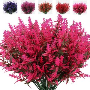 Recutms 8 Bundles Artificial Flowers Outdoor Plants Faux Uv Resistant Lavender Flower Plastic Shrubs Indoor Outside Hanging Decorations (Fuchsia)