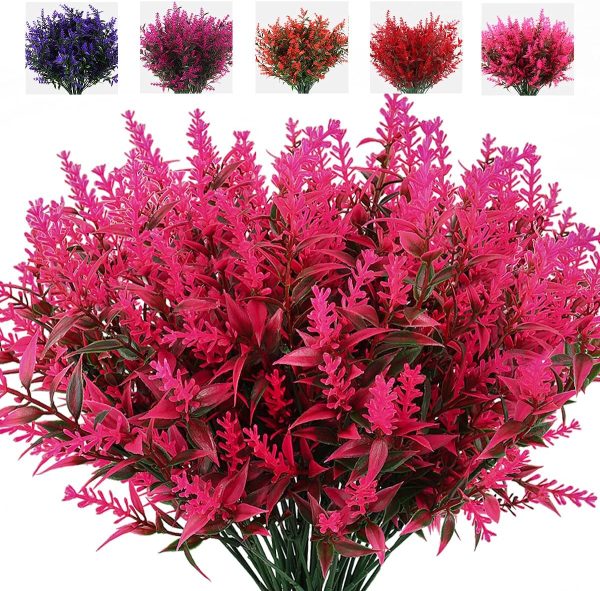 Recutms 8 Bundles Artificial Flowers Outdoor Plants Faux Uv Resistant Lavender Flower Plastic Shrubs Indoor Outside Hanging Decorations (Fuchsia)