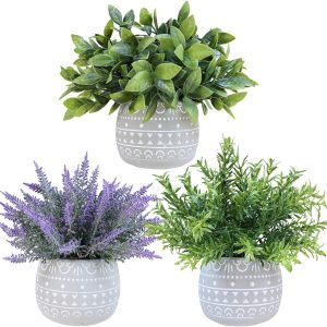 Winlyn Faux Potted Plants Set Of 3 – Artificial Lavender Flower, Rosemary, Boxwood In Gray Geometric Concrete Pots For Wedding Home Living Room Table Centerpiece Windowsill Shelf French Boho Décor