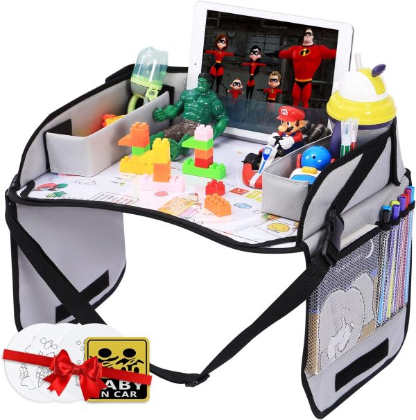 Innokids Kids Travel Lap Tray Children Car Seat Activity Snack And Play Tray Desk With Erasable Surface, Ipad & Tablet Holder, Detachable Organizers For Cars, Planes & Baby Stroller (Gray)
