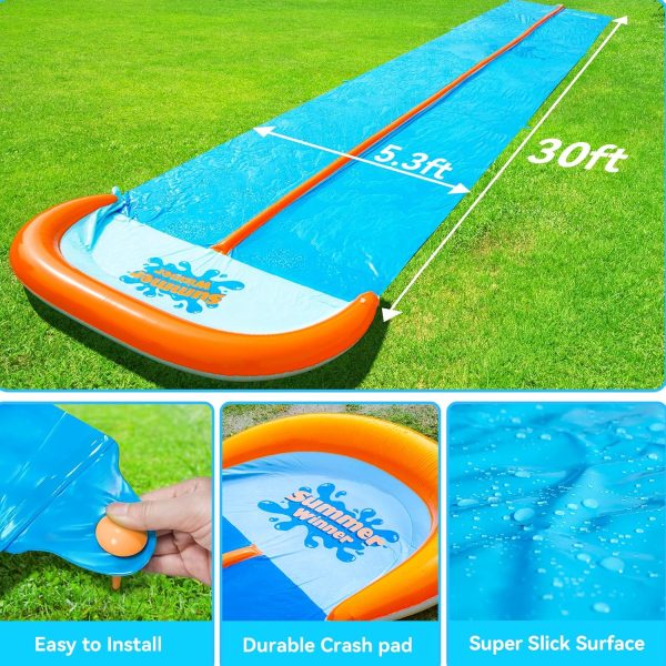 30Ft Slip Lawn Water Slide, Extra Long Slip Splash And Slide For Kids And Adults Backyard, With 2 Sliding Lanes And 2 Inflatable Bodyboards With Central-Pipe Sprinkler, Outdoor Summer Water ToyU2026