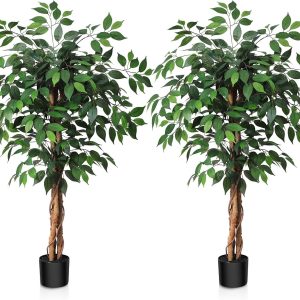 Soguyi 5Ft Artificial Ficus Tree With Natural Wood Trunk, Silk Ficus Tree In Plastic Nursery Pot, Faux Plant For Office Home, Indoor Outdoor Decor, 1 Pack