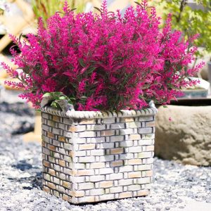 Recutms 8 Bundles Artificial Flowers Outdoor Plants Faux Uv Resistant Lavender Flower Plastic Shrubs Indoor Outside Hanging Decorations (Fuchsia)