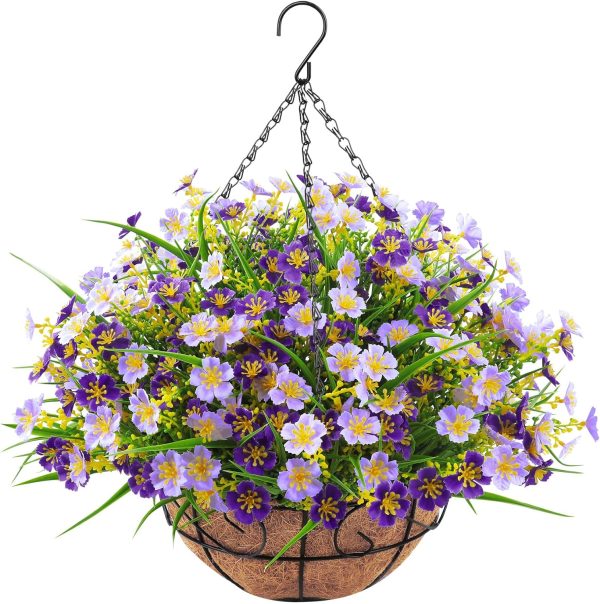Ouddy Decor Artificial Hanging Flowers With Basket, Faux Silk Flowers In Coconut Lining Basket, Hanging Plants For Outdoors Indoors Garden Patio Yard Porch Lawn, Mixed Color
