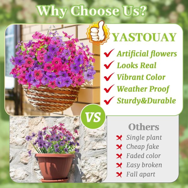 Yastouay 12 Bundles Artificial Flowers For Outdoors, Uv Resistant Outdoor Flowers No Fade Faux Outdoor Flowers Plants For Garden Porch Window Box Pot Planters Decor (Fuchsia+Rose Red)