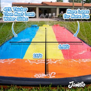 Jambo Premium Triple Slip Splash And Slide With Bodyboards (Updated Model), Water Slide With Advanced 3-Way Water Sprinkler System, Backyard Waterslide Outdoor Water Toys N Slides For Kids