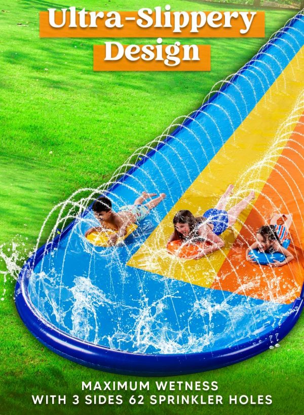 Sloosh 22.5Ft Triple Water Slide And 3 Body Boards, Backyard Lawn Water Slides With Outdoor Slip Sprinkler For Kids Adults Summer Water Fun Toy