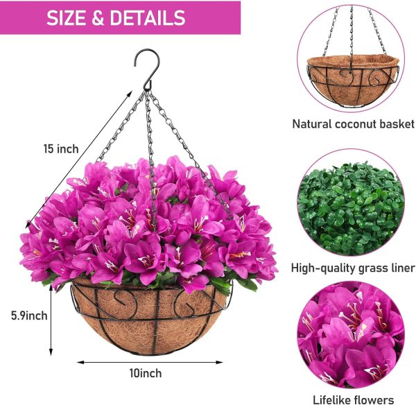 Ouddy Decor Artificial Hanging Flowers In Basket, Silk Azalea Flowers With Coconut Lining Hanging Baskets Outdoor Hanging Plants Spring Flowers For Yard Patio Front Porch Home Decor, Fuchsia