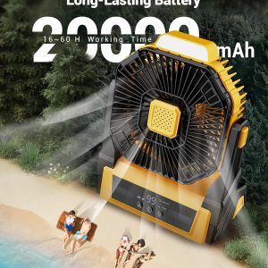 Kopbeau Portable Camping Fan With Lights, 20000Mah Rechargeable Battery Operated Fan, Battery Powered Outdoor Beach Tent Fan With 3 Speeds & Hook, Personal Usb Table Fan For Camping Accessories