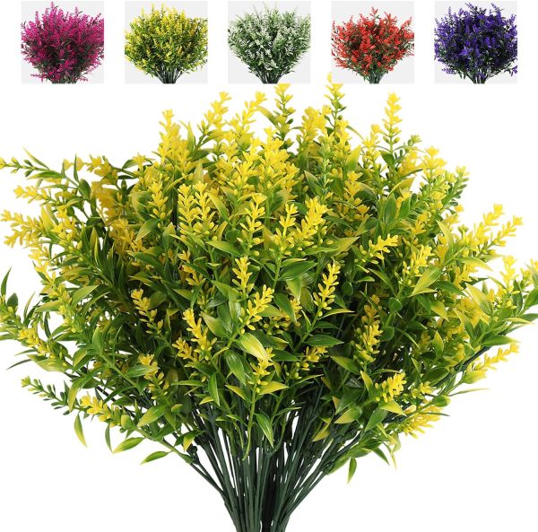 Recutms 8 Bundles Artificial Flowers Outdoor Plants Faux Uv Resistant Lavender Flower Plastic Shrubs Indoor Outside Hanging Decorations (Fuchsia)