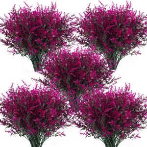 Recutms 8 Bundles Artificial Flowers Outdoor Plants Faux Uv Resistant Lavender Flower Plastic Shrubs Indoor Outside Hanging Decorations (Fuchsia)