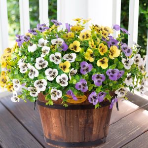 Ivydale Artificial Faux Plants Flowers For Outdoor Outside Spring Summer Decoration, Uv Resistant Look Real Silk Colorful Pansy Eucalyptus For Home Planter Front Door Porch Patio, 12 Bundles