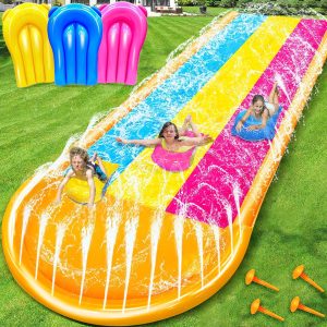 [ 3 Sided Safe Fence ] Extra Width Triple Slip Water Slide With 3-Way Sprinklers, Backyard Lawn Water Slides And 3 Bodyboards With Handle, Summer Outdoor Water Fun Toys For Kids Adults,16Ft X 7Ft