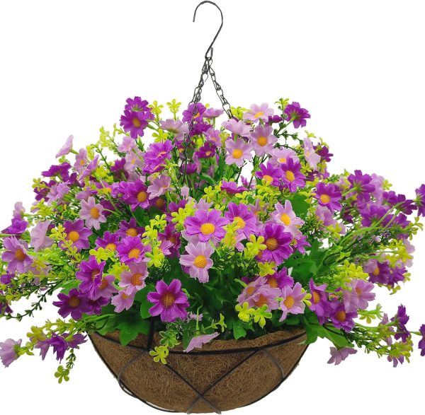 Lamsze Artificial Faux Hanging Plants Flowers Basket For Spring Summer, Colorful Daisy Flowers Eucalyptus Uv Resistant Look Real For Outdoor Outside Porch Decoration
