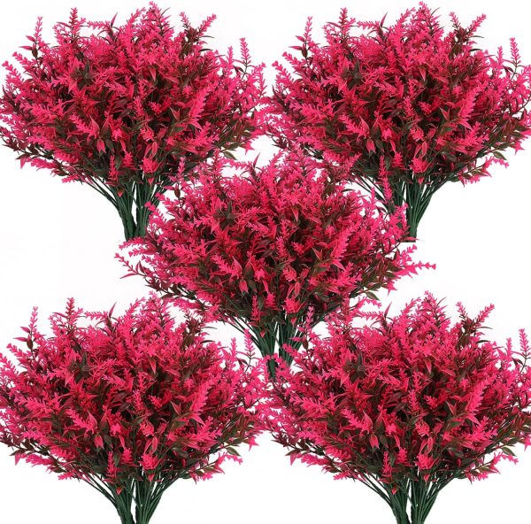 Recutms 8 Bundles Artificial Flowers Outdoor Plants Faux Uv Resistant Lavender Flower Plastic Shrubs Indoor Outside Hanging Decorations (Fuchsia)