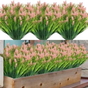 Zeostaro 12 Bundles Artificial Plants Outdoor Grass With Lavender Flowers Faux Uv Resistant Greenery Garden Patio Porch Window Box Farmhouse Hanging Decorating(Red)
