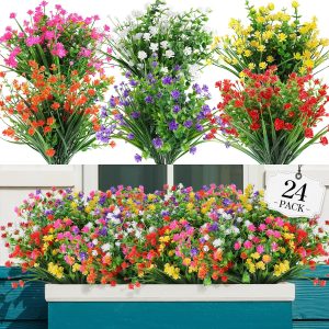Agirl 24 Bundles Artificial Flowers For Outdoor,No Fade Plastic Flowers Faux Plants For Decoration Hanging Planters Indoor Outside Garden Porch Window Box Home Wedding Farmhouse