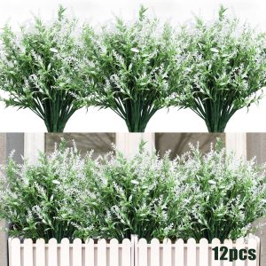 Recutms 8 Bundles Artificial Flowers Outdoor Plants Faux Uv Resistant Lavender Flower Plastic Shrubs Indoor Outside Hanging Decorations (Fuchsia)