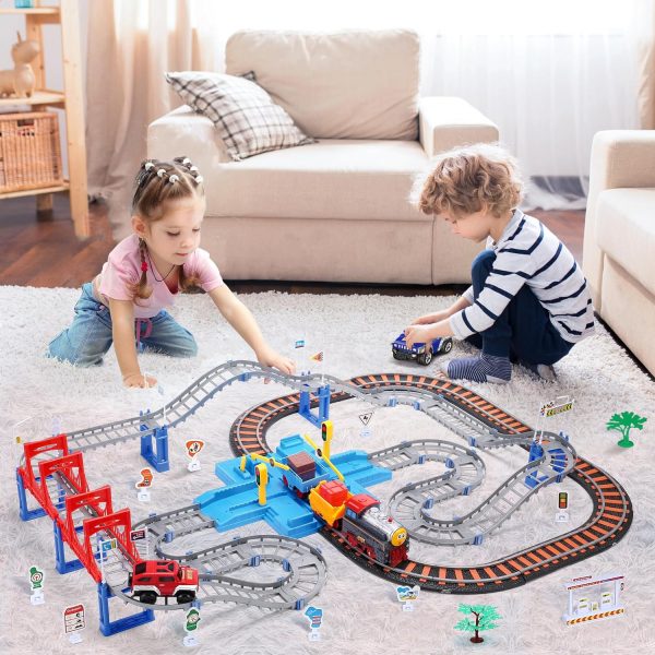 Cute Stone Toy Train Set For Toddler, Train Track Set With Cars, Electric Train With Realistic Sound, Train Track Playset For 3 4 5 Years Old Girls & Boys