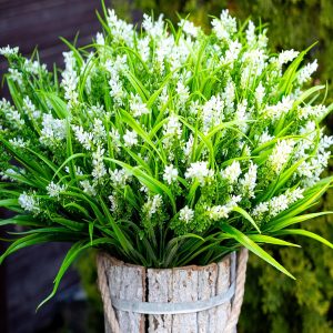 Axylex Artificial Flowers For Outdoors Plants - 20 Bundles Lavender Plastic Faux Monkey Grass Uv Resistant For Home Decorations (20, White)