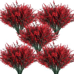 Recutms 8 Bundles Artificial Flowers Outdoor Plants Faux Uv Resistant Lavender Flower Plastic Shrubs Indoor Outside Hanging Decorations (Fuchsia)