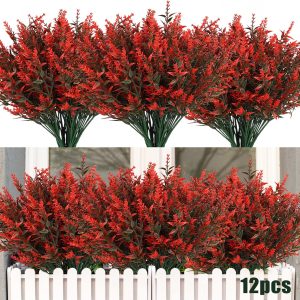 Recutms 8 Bundles Artificial Flowers Outdoor Plants Faux Uv Resistant Lavender Flower Plastic Shrubs Indoor Outside Hanging Decorations (Fuchsia)