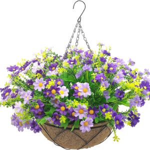 Lamsze Artificial Faux Hanging Plants Flowers Basket For Spring Summer, Colorful Daisy Flowers Eucalyptus Uv Resistant Look Real For Outdoor Outside Porch Decoration
