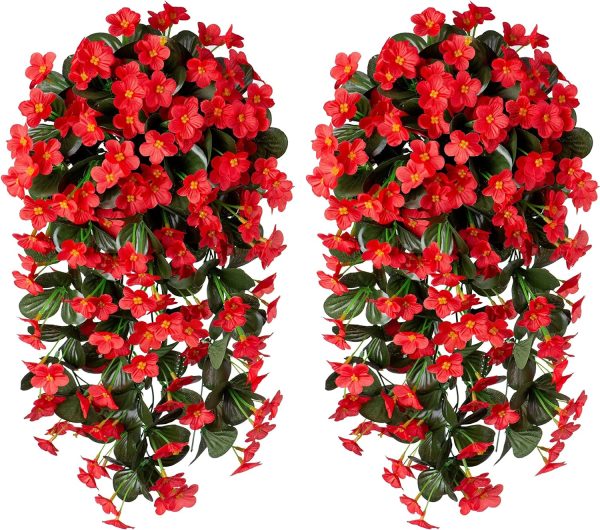 Artificial Hanging Plants Flowers For Outdoor Outside Summer Spring Decoration, 2 Pcs Faux Silk Red Orchid Long Vines Uv Resistant Realistic For Home Indoor Porch Patio Balcony