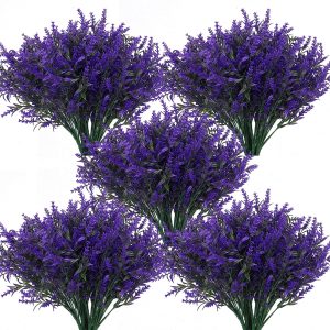 Recutms 8 Bundles Artificial Flowers Outdoor Plants Faux Uv Resistant Lavender Flower Plastic Shrubs Indoor Outside Hanging Decorations (Fuchsia)