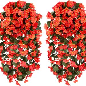 Artificial Hanging Plants Flowers For Outdoor Outside Summer Spring Decoration, 2 Pcs Faux Silk Red Orchid Long Vines Uv Resistant Realistic For Home Indoor Porch Patio Balcony