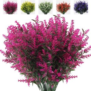 Recutms 8 Bundles Artificial Flowers Outdoor Plants Faux Uv Resistant Lavender Flower Plastic Shrubs Indoor Outside Hanging Decorations (Fuchsia)