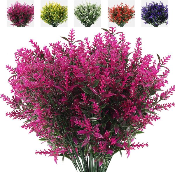 Recutms 8 Bundles Artificial Flowers Outdoor Plants Faux Uv Resistant Lavender Flower Plastic Shrubs Indoor Outside Hanging Decorations (Fuchsia)