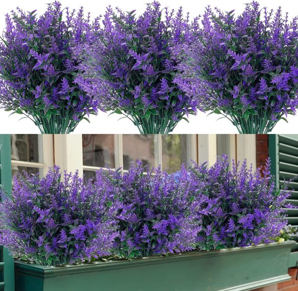 Cewor 18 Bundles Artificial Lavender Flowers Outdoors Shrubs Greenery Plants Indoor Uv Resistant Plastic Faux Bouquets For Outdoor Home Garden Porch Decoration (Fuchsia)