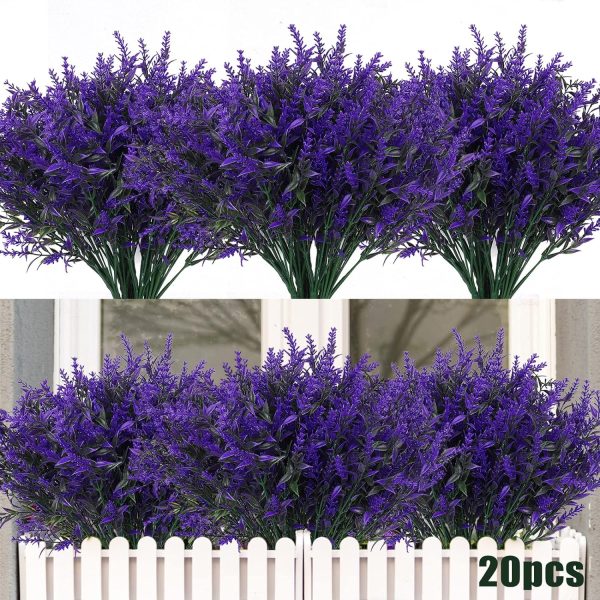 Recutms 8 Bundles Artificial Flowers Outdoor Plants Faux Uv Resistant Lavender Flower Plastic Shrubs Indoor Outside Hanging Decorations (Fuchsia)