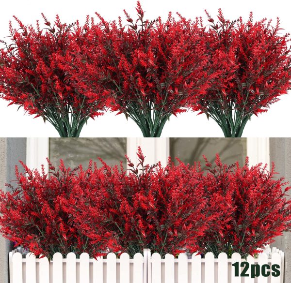 Recutms 8 Bundles Artificial Flowers Outdoor Plants Faux Uv Resistant Lavender Flower Plastic Shrubs Indoor Outside Hanging Decorations (Fuchsia)