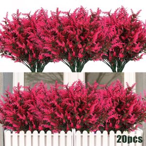 Recutms 8 Bundles Artificial Flowers Outdoor Plants Faux Uv Resistant Lavender Flower Plastic Shrubs Indoor Outside Hanging Decorations (Fuchsia)