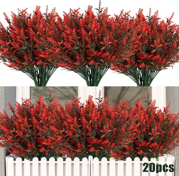 Recutms 8 Bundles Artificial Flowers Outdoor Plants Faux Uv Resistant Lavender Flower Plastic Shrubs Indoor Outside Hanging Decorations (Fuchsia)