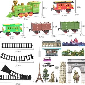 Kids Electric Train Toy with 3 Way Smoke Locomotive, Light and Sounds, Cargo Cars and Long Tracks