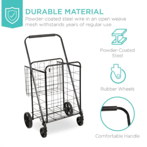 Folding Steel Grocery Cart W/ Double Basket, Swivel Wheels, 220Lb Cap