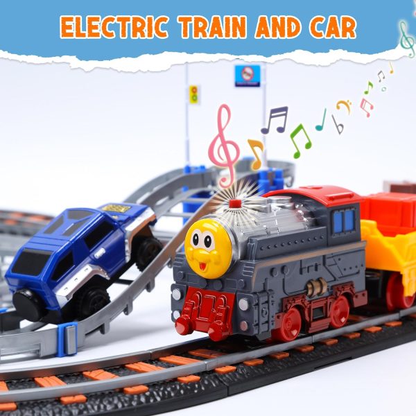 Toy Train Set for Toddlers, Train Track Set with Cars, Electric Train with Realistic Sound, Train Track Playset