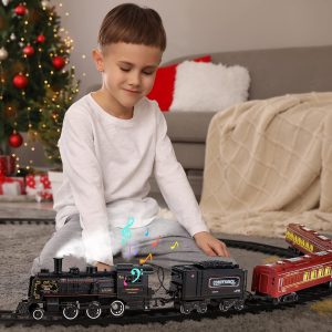 Train Toys with Luxury Tracks and Glowing Passenger, Christmas Train Sets for Around The Tree with Smokes, Lights & Sound