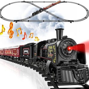 Train Toys with Luxury Tracks and Glowing Passenger, Christmas Train Sets for Around The Tree with Smokes, Lights & Sound