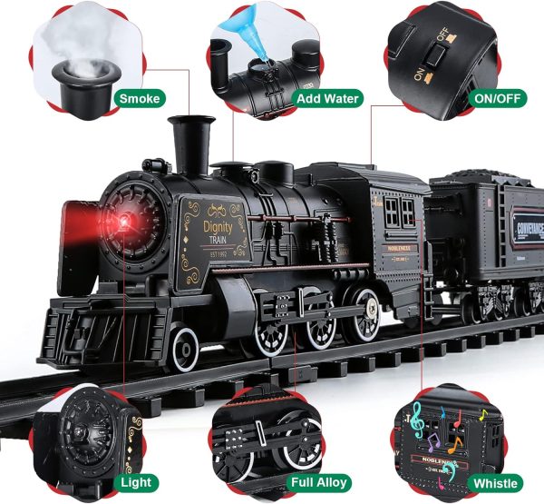 Train Toys with Luxury Tracks and Glowing Passenger, Christmas Train Sets for Around The Tree with Smokes, Lights & Sound