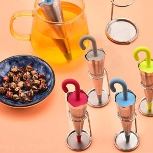 2Pcs Reusable Umbrella Tea Infuser With Drip Tray For Tea Cups, Mugs And Teapots, Stainless Steel Fine Mesh Tea Strainer With Silicone Lid For Loose Tea