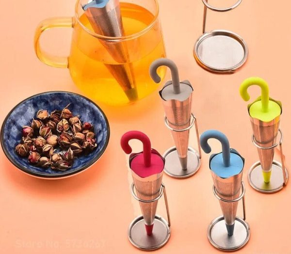 2Pcs Reusable Umbrella Tea Infuser With Drip Tray For Tea Cups, Mugs And Teapots, Stainless Steel Fine Mesh Tea Strainer With Silicone Lid For Loose Tea