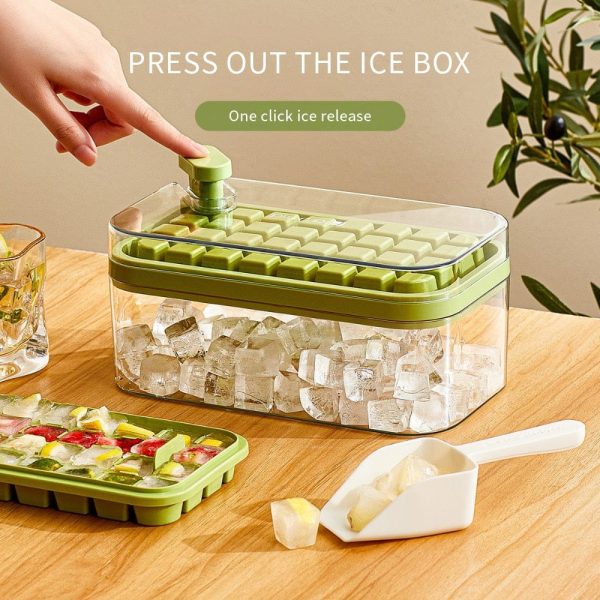One-Button Easy Release Ice Cube Maker Tray With Lid And Bin, 2 Pack Ice Cube Trays For Freezer, 64 Pcs Ice Cube Mold