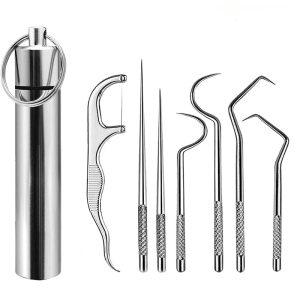 Portable Reusable Stainless-Steel Flossing And Toothpick Set