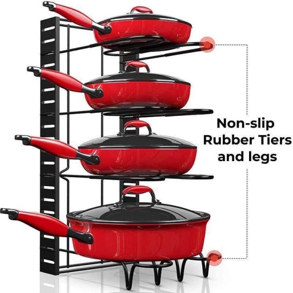 Pot And Pan Organizer For Cabinet With Adjustable 8 Non-Slip Tiers