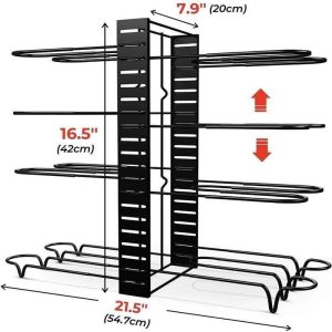 Pot And Pan Organizer For Cabinet With Adjustable 8 Non-Slip Tiers