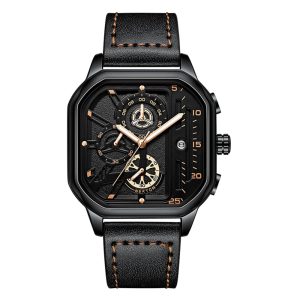 Exquisite Luxury Men'S Sports Quartz Watch, Waterproof, Leather Strap, Chronograph, Luminous, Square Skeleton Dial